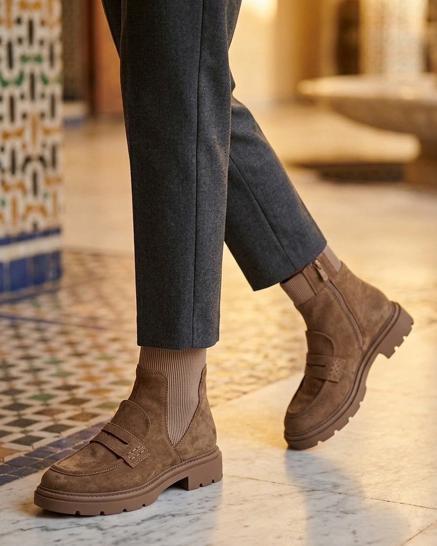 Bottines en suédine style mocassin - Taupe