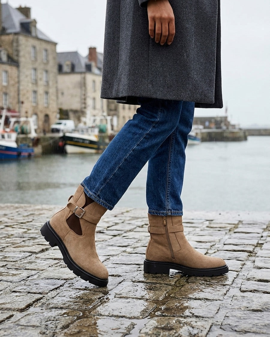 Bottines élastiquées en suédine à boucle - Taupe