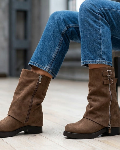 Bottines renversées en suédine à zip décoratif - Marron clair