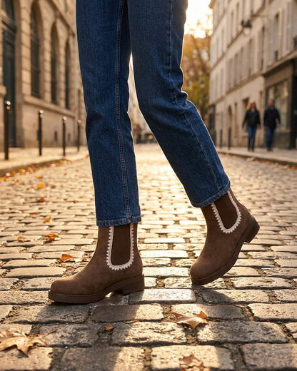 Bottines suédine élastiquées à broderies - Marron