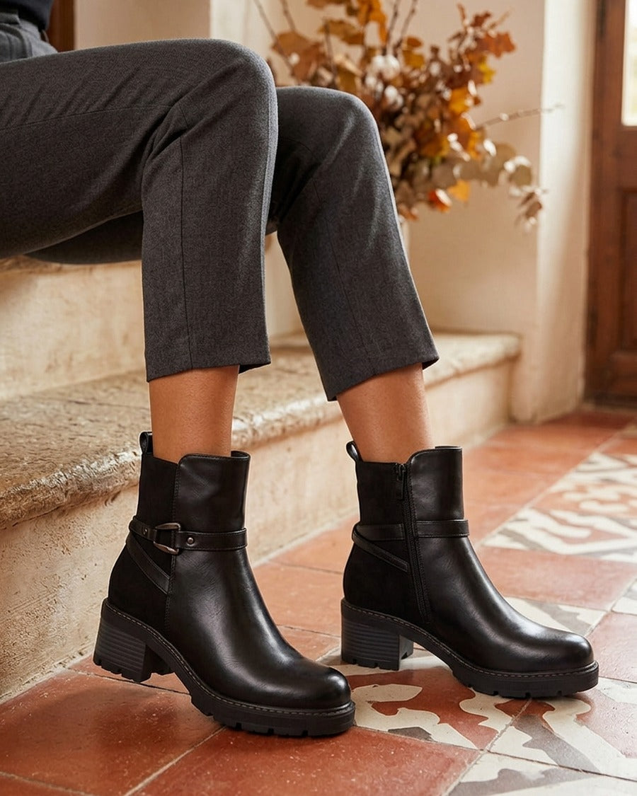 Bottines unies en simili et suédine - Noir