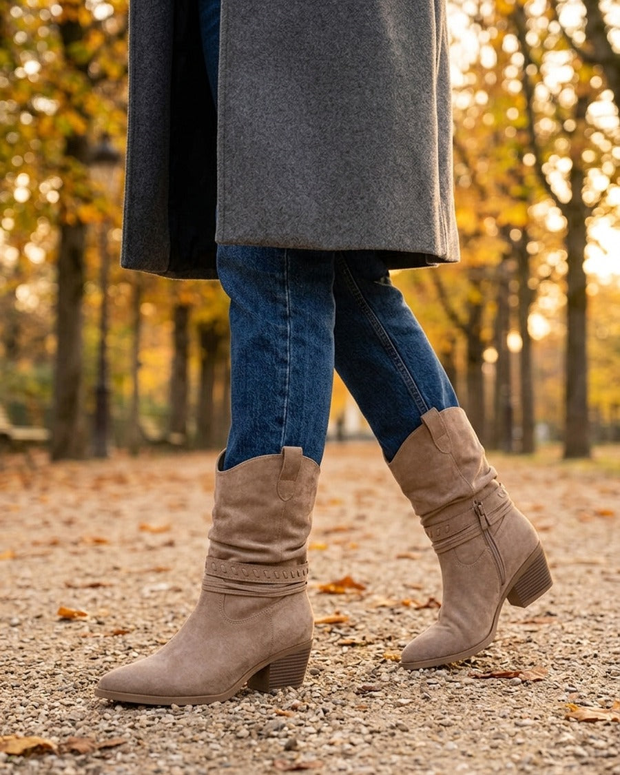 Bottines en suédine style santiags - Taupe