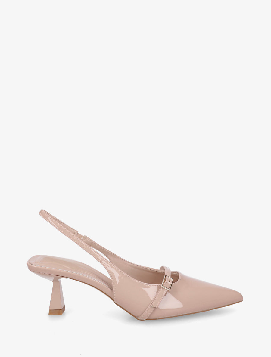 Escarpins vernis à talon ouvert et bride - Nude - 1