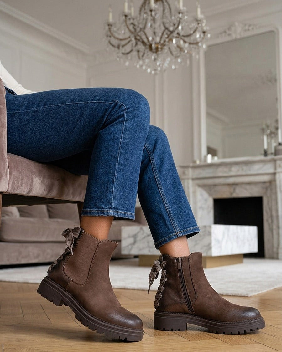 Bottines à contrefort irisé et detail lacet en crochet - Marron