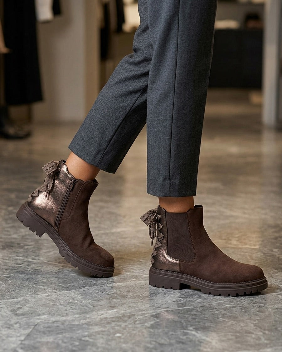 Bottines à contrefort irisé et detail lacet en crochet - Chocolat