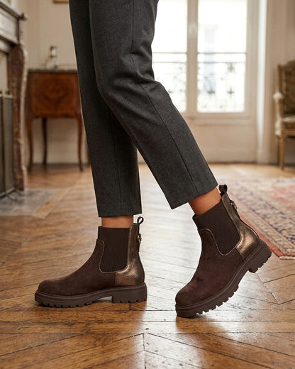 Bottines chelsea suédine contrefort irisé - Chocolat