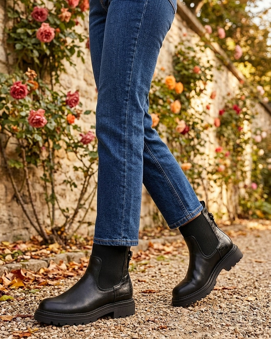 Bottines chelsea simili contrefort croco - Noir