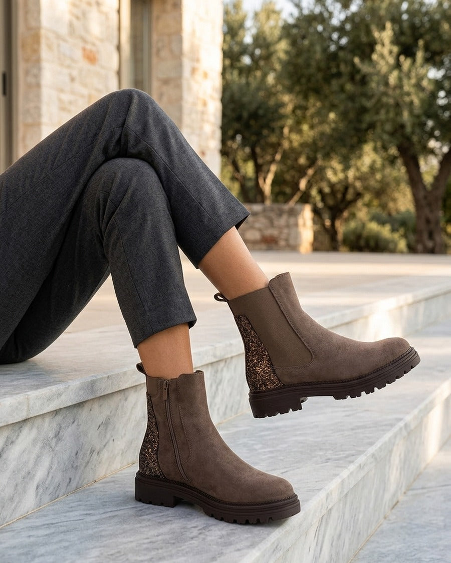 Bottines en suédine à contrefort pailleté - Taupe foncé