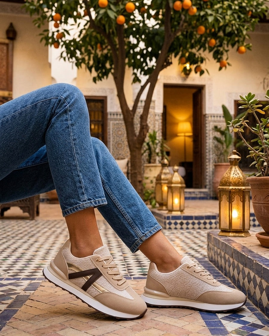 Baskets effet nubuck et tissu empiècement en V - Beige