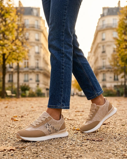 Baskets effet nubuck et tissu empiècement en V léopard - Beige foncé