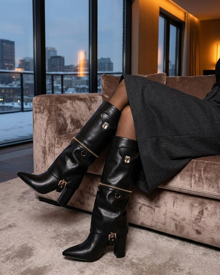 Bottes fourreau zippées à empiècement bijou - Noir