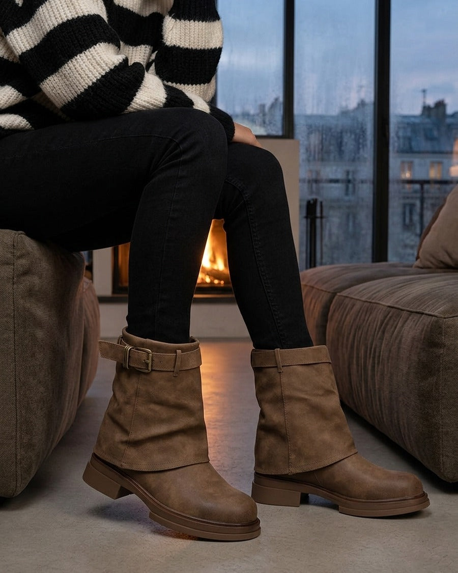 Bottines fourreau en simili avec sangle à boucle décorative - Beige foncé