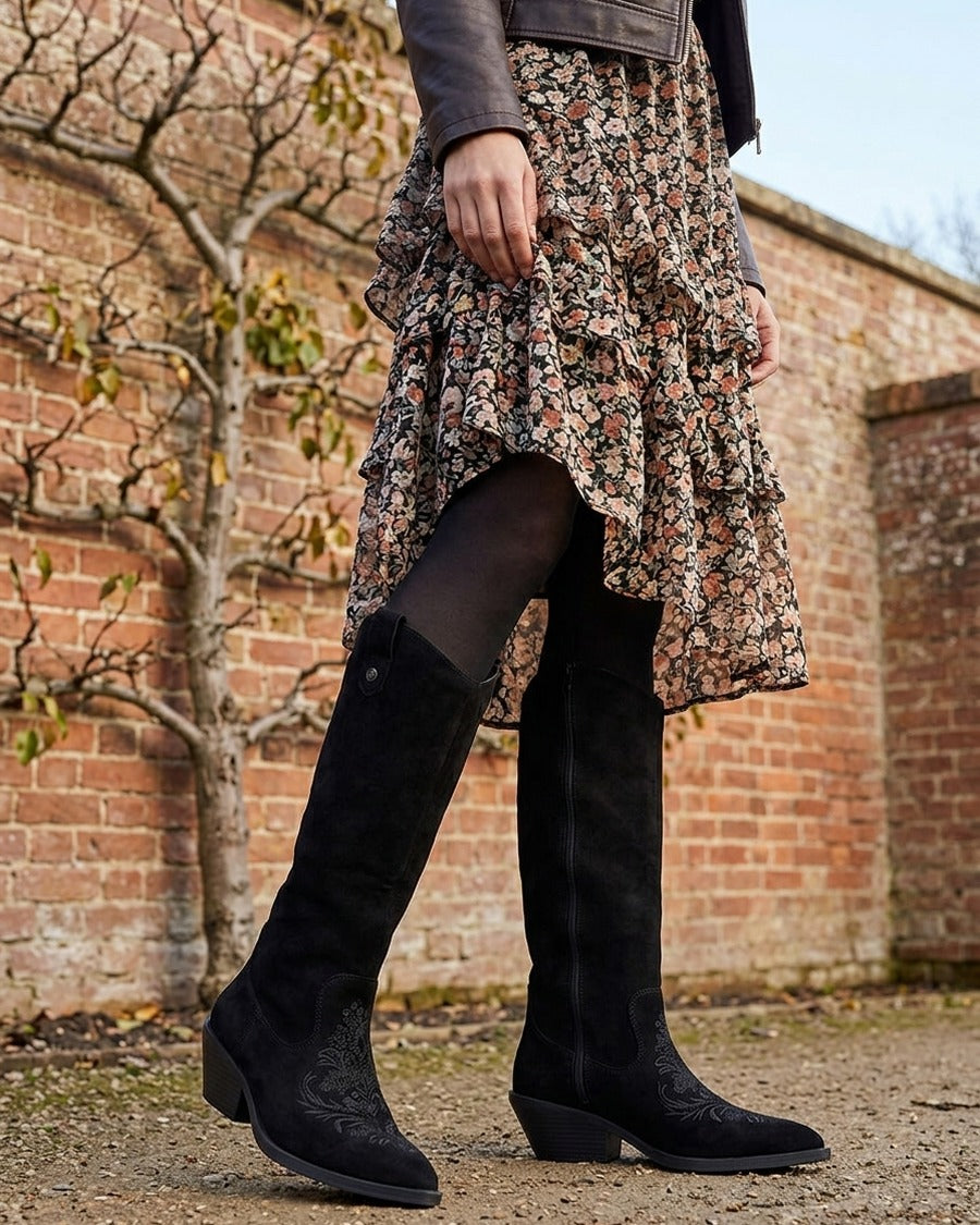 Bottes style santiag en suédine avec broderie - Noir