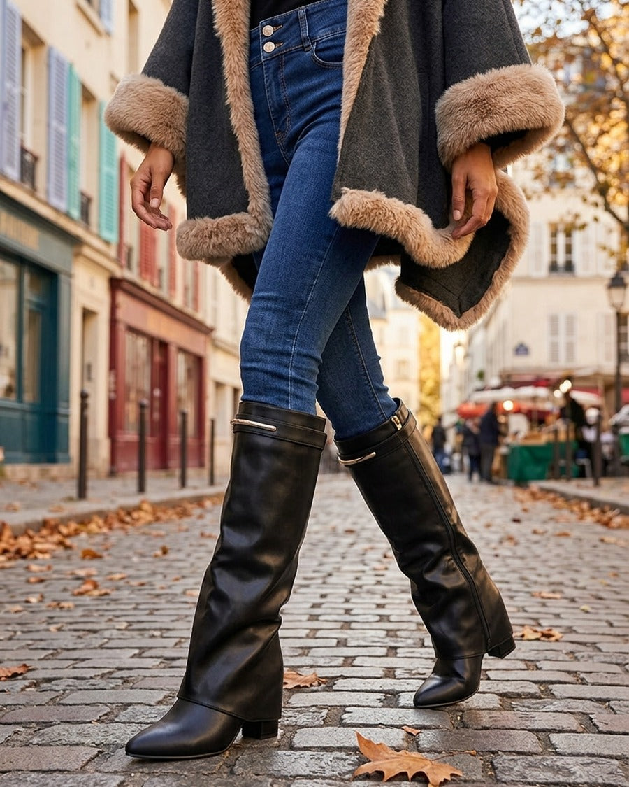 Bottes fourreau en simili avec sangle amovible à empiècement métallique - Noir