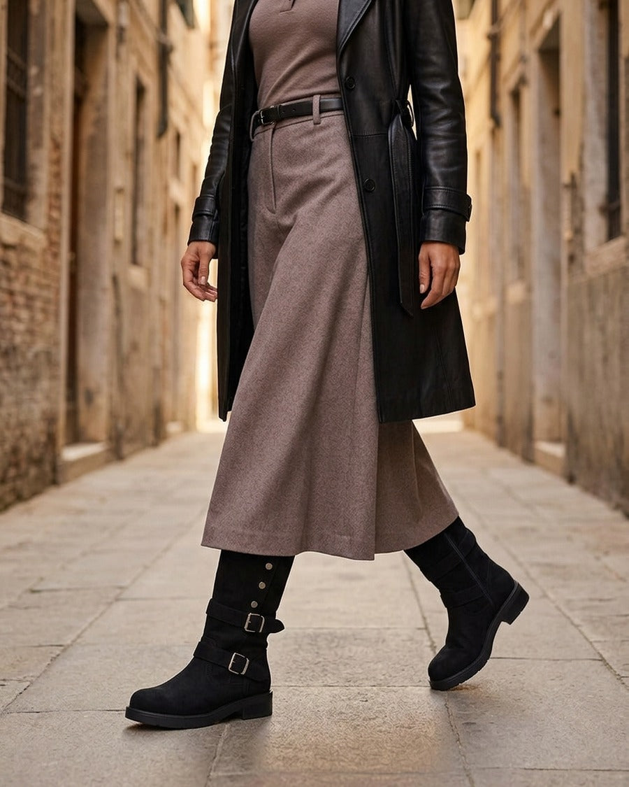 Bottines montantes à tige rabatable et sangles décoratives en suédine - Noir