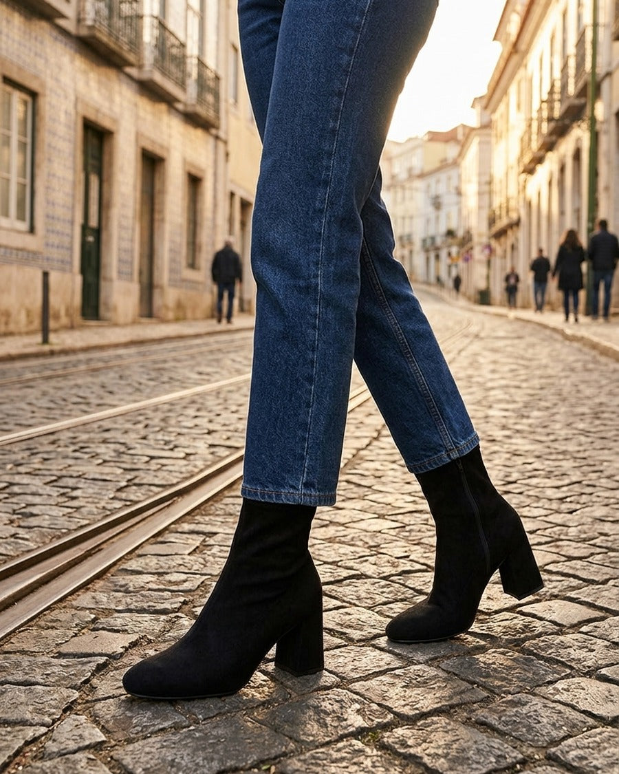 Bottines en suédine et talon carré - Noir