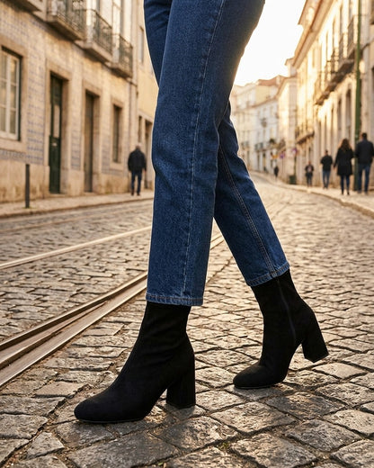 Bottines en suédine et talon carré - Noir