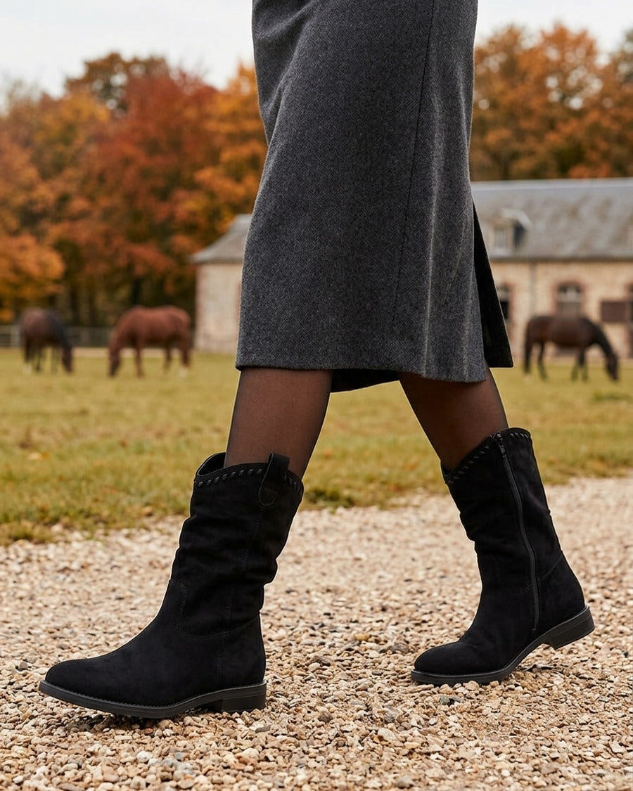 Bottines plissées en suédine - Noir