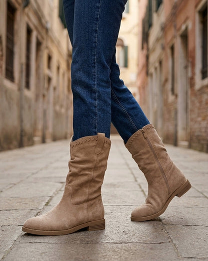 Bottines plissées en suédine - Taupe