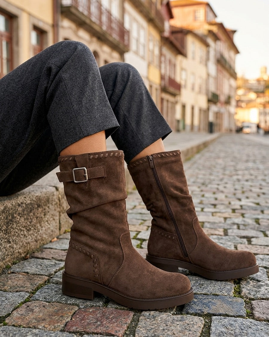 Bottines plissées à bouts ronds - Marron