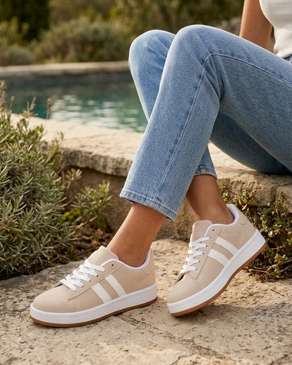 Sneakers effet nubuck à bandes contrastantes - Beige