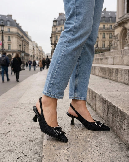 Escarpins en tweed à boucle strassée - Noir