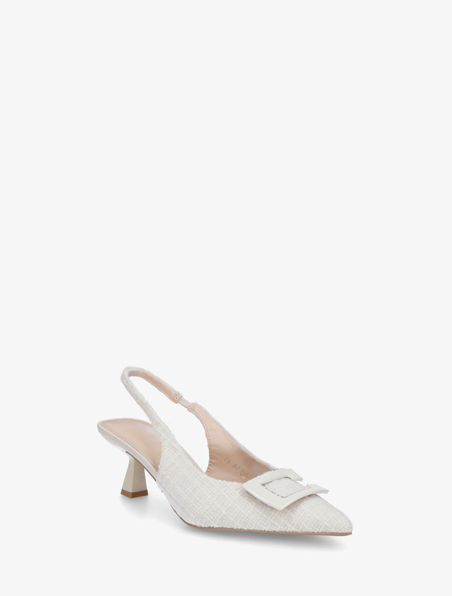Escarpins en tweed à boucle strassée - Écru - 2