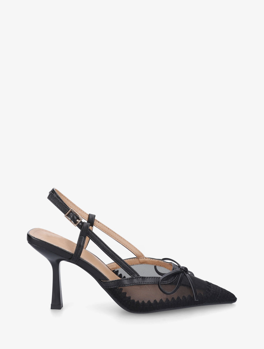 Escarpins à noeud en simili et talon ouvert - Noir - 1