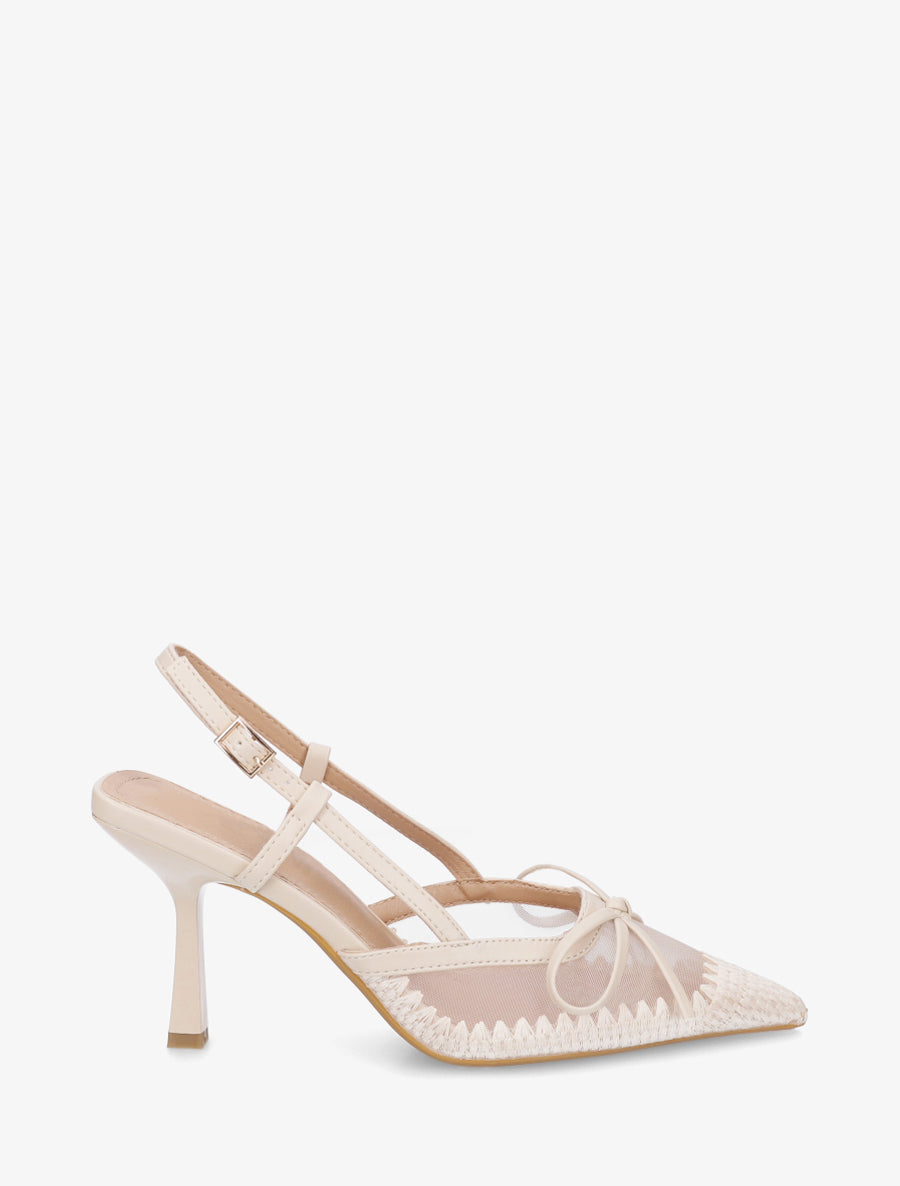 Escarpins à noeud en simili et talon ouvert - Beige - 1