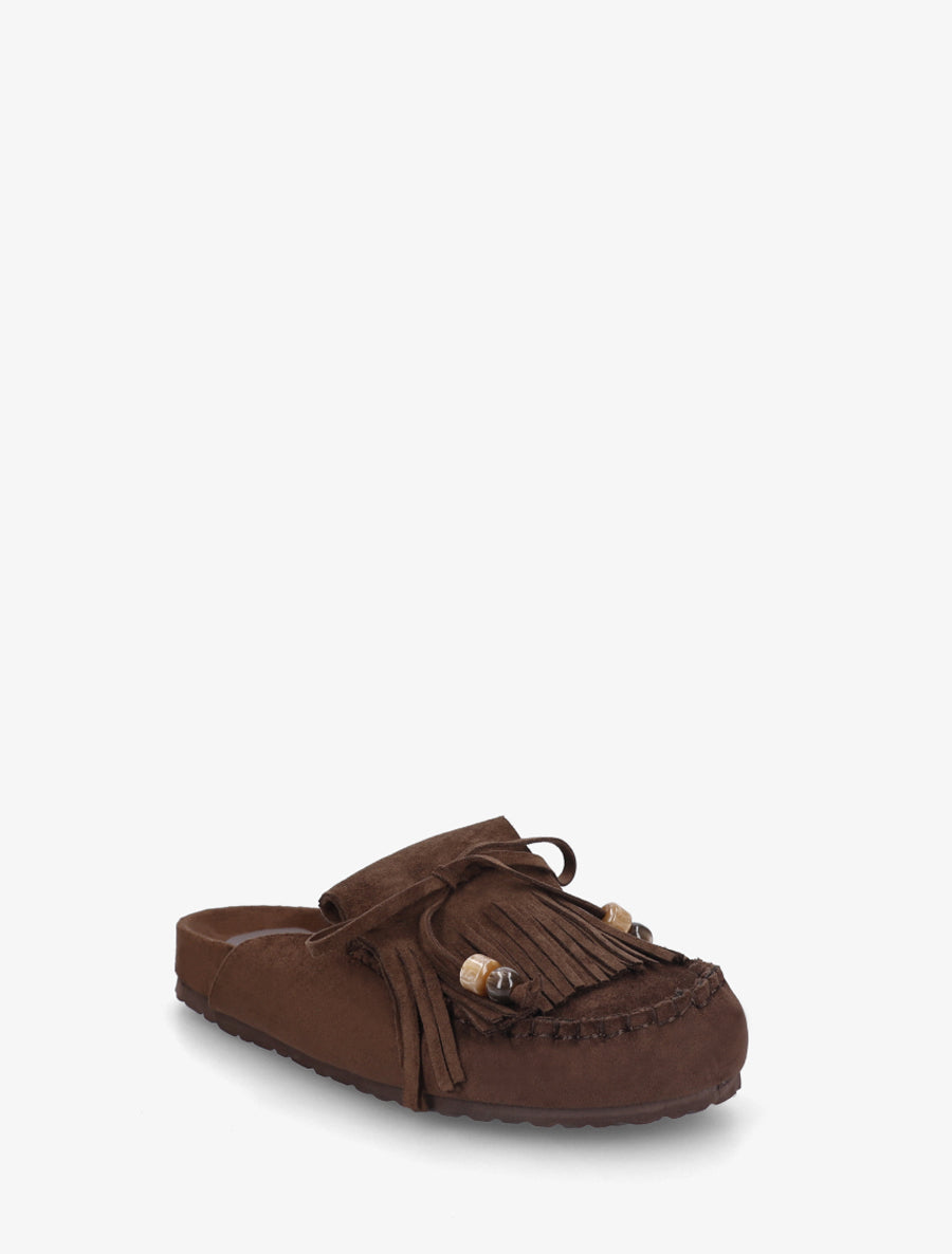 Mules frangées en suédine - Marron - 2