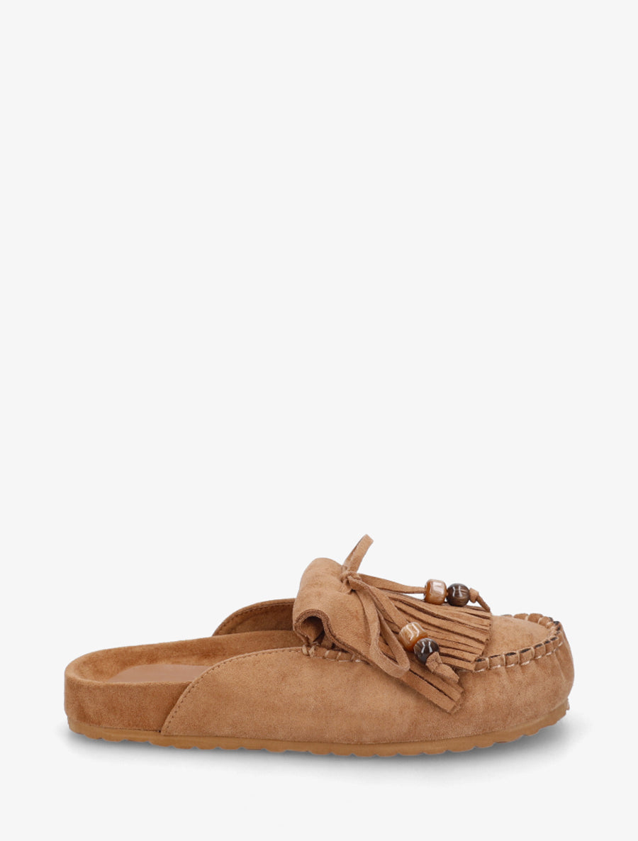 Mules frangées en suédine - Camel - 1