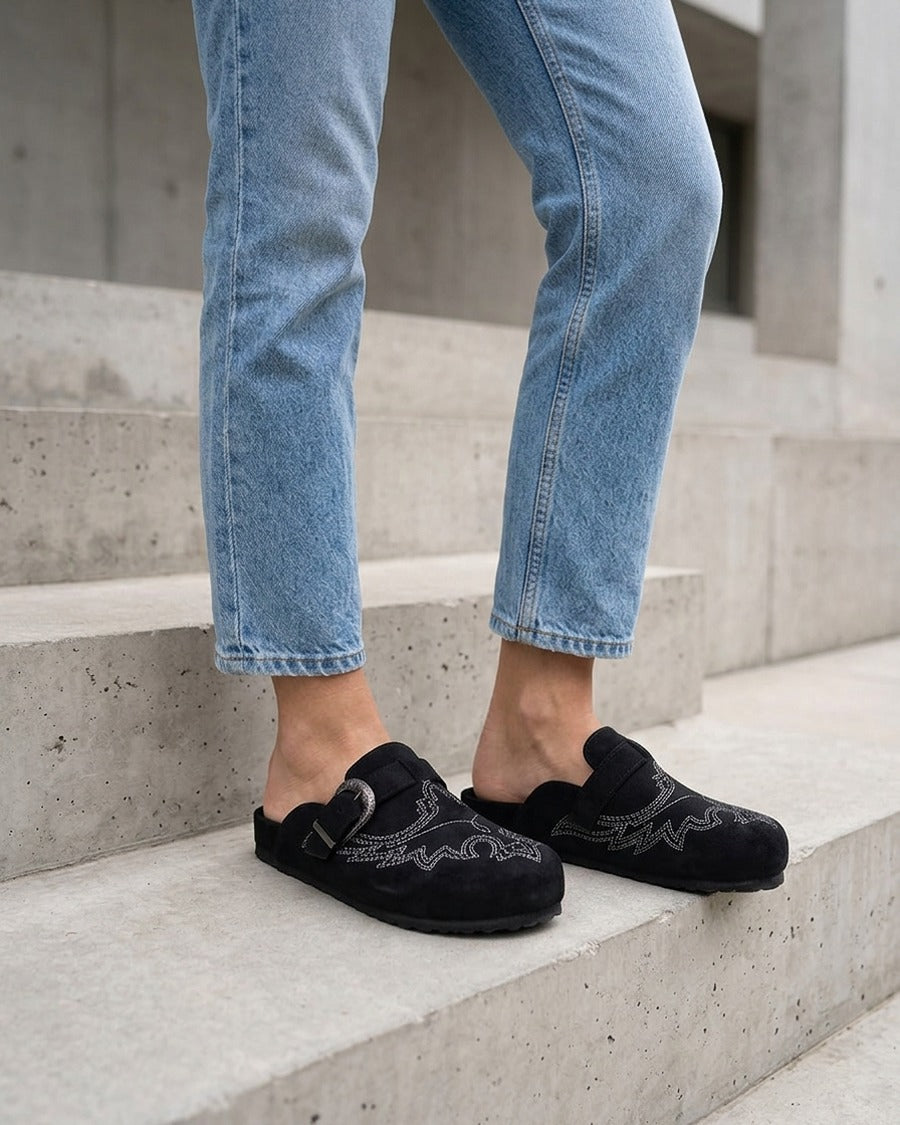 Mules à sangle en suédine - Noir