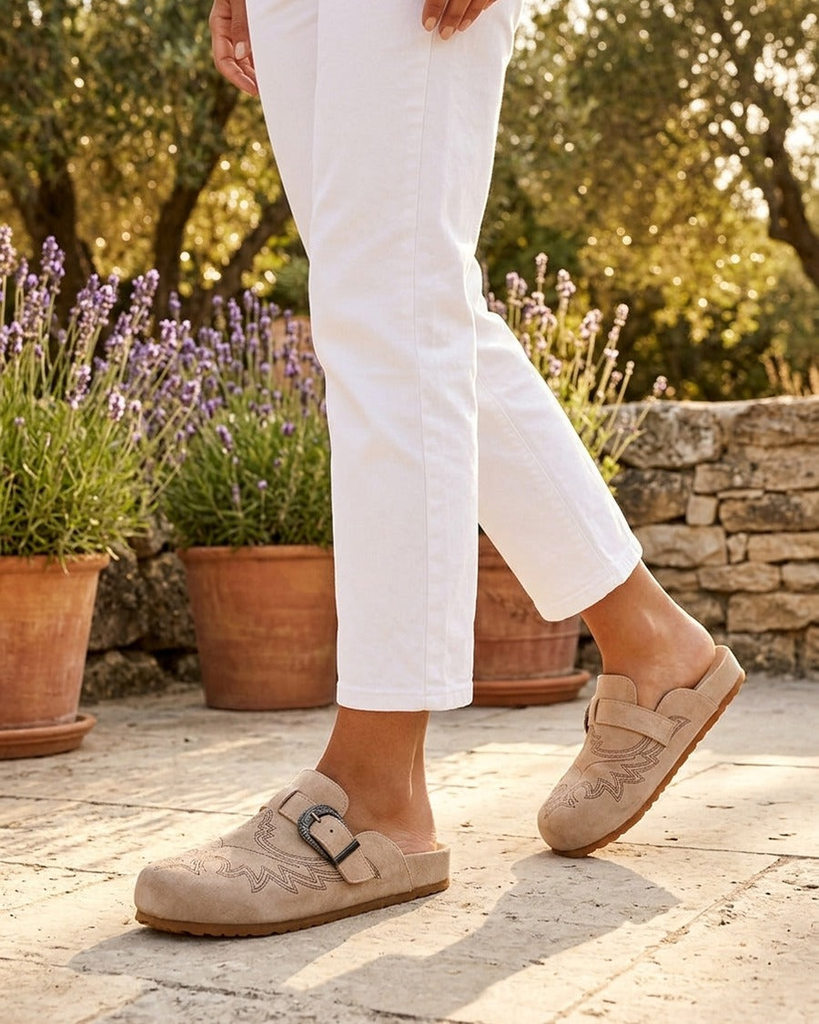 Mules à sangle en suédine - Taupe