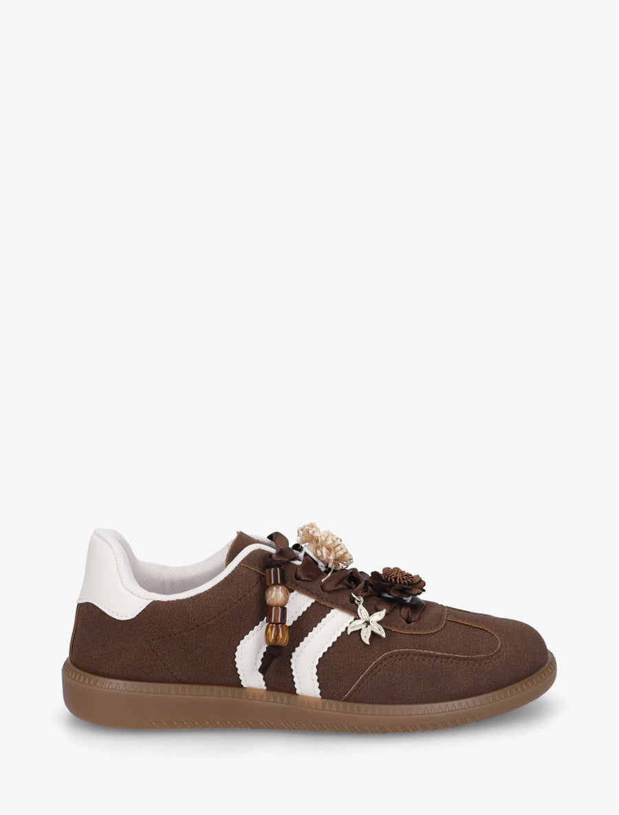 Sneakers à empiècement fleurs et perles en bois - Marron - 1