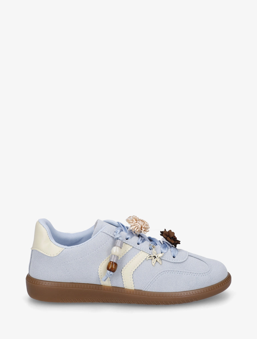 Sneakers à empiècement fleurs et perles en bois - Bleu ciel - 1