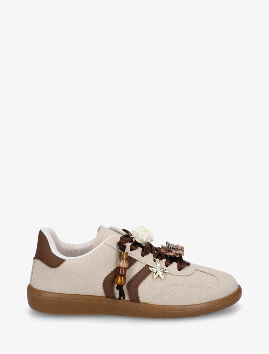 Sneakers à empiècement fleurs et perles en bois - Beige - 1