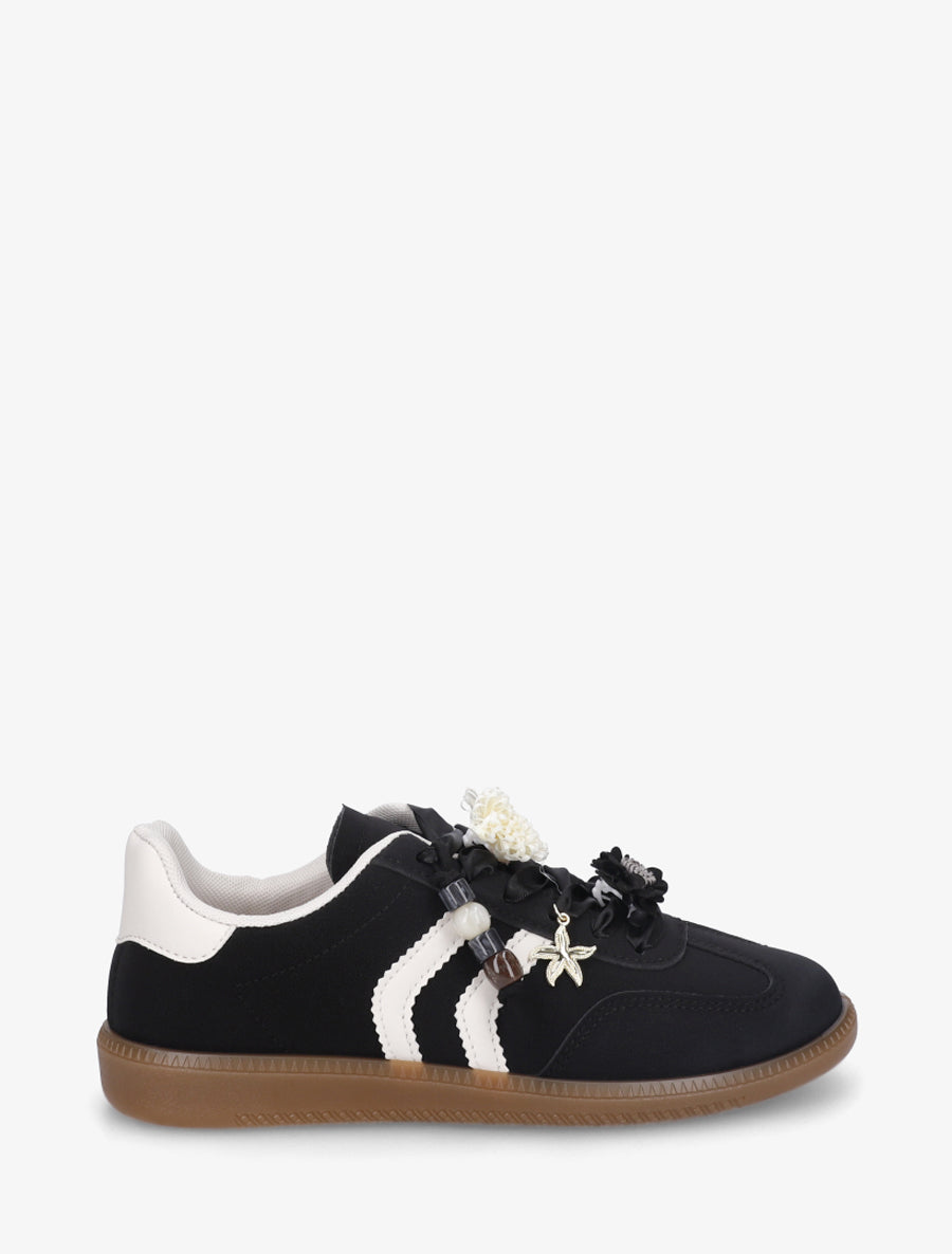 Sneakers à empiècement fleurs et perles en bois - Noir - 1