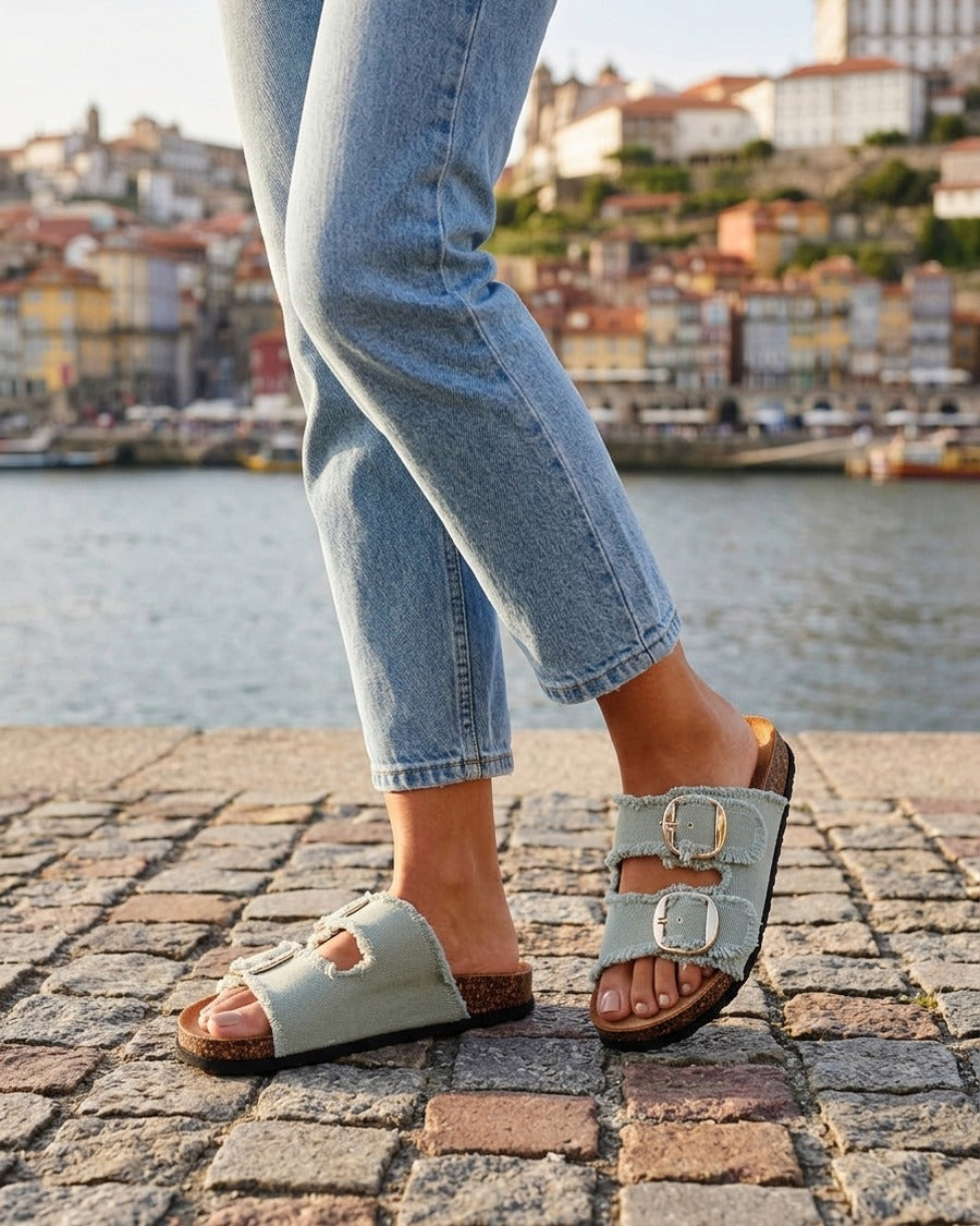 Claquettes effet denim à semelle effet liège - Vert amande
