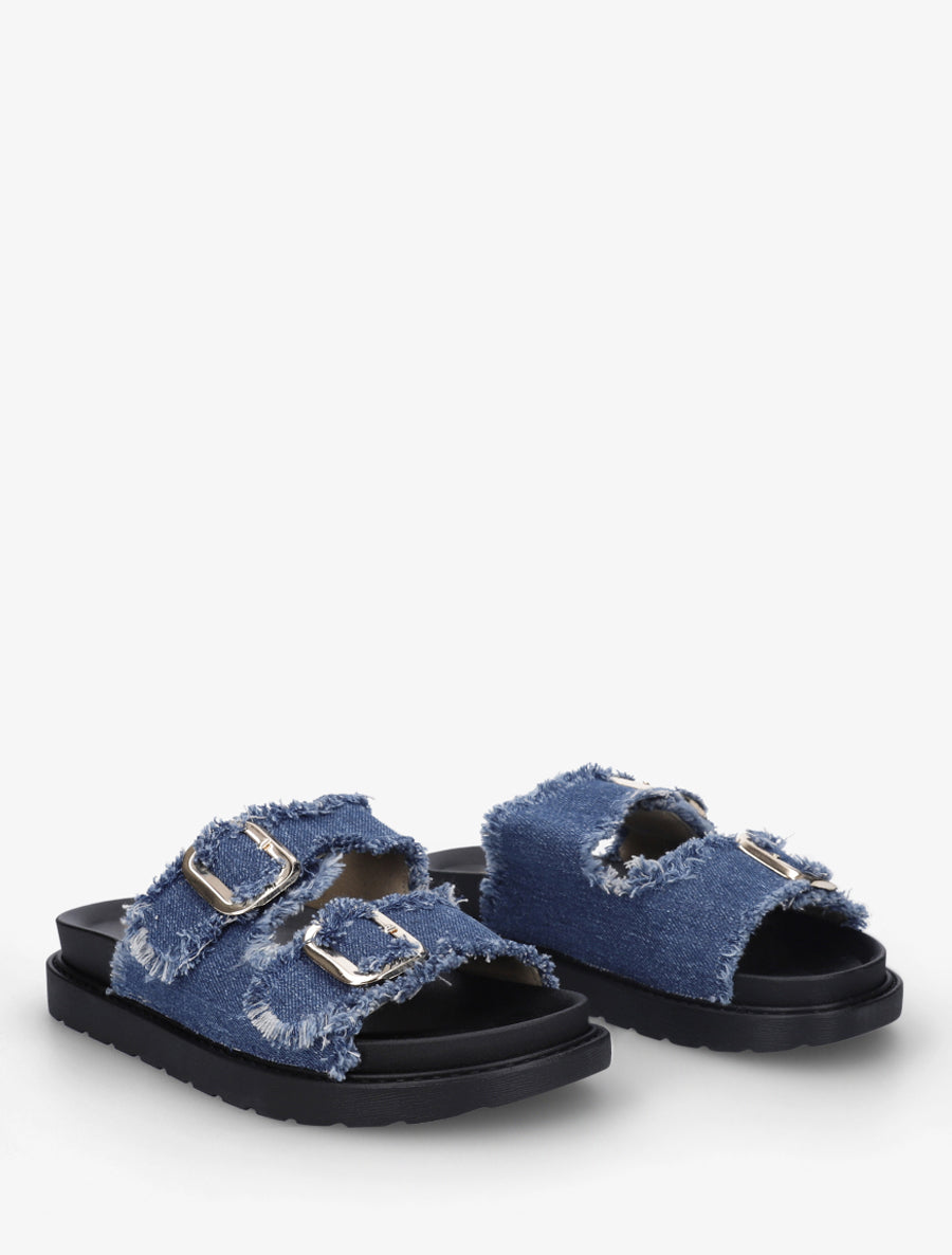Claquettes en tissu à double boucles - Bleu denim - 4