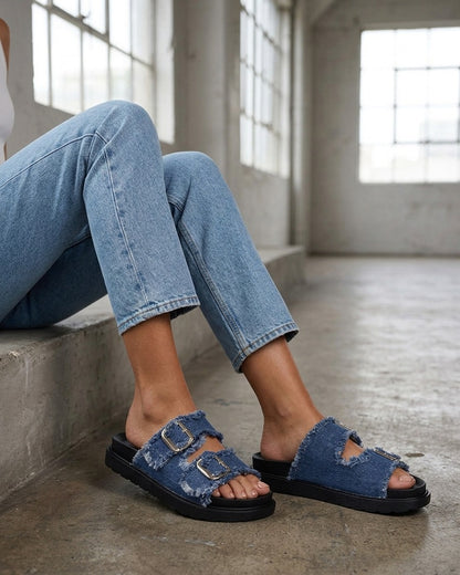 Claquettes en tissu à double boucles - Bleu denim