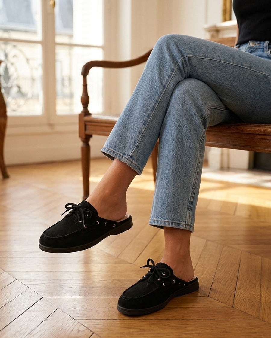 Mules en suédine à bout rond - Noir