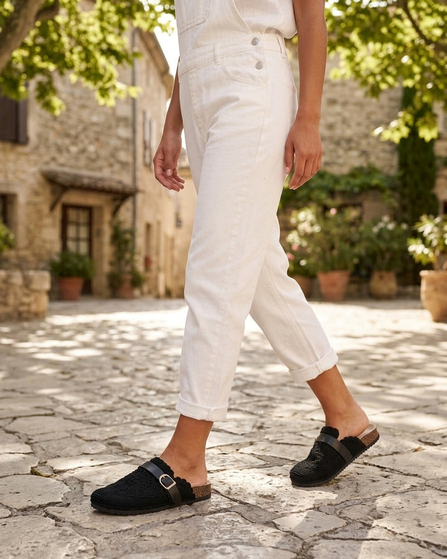 Mules en tissu à sangle - Noir