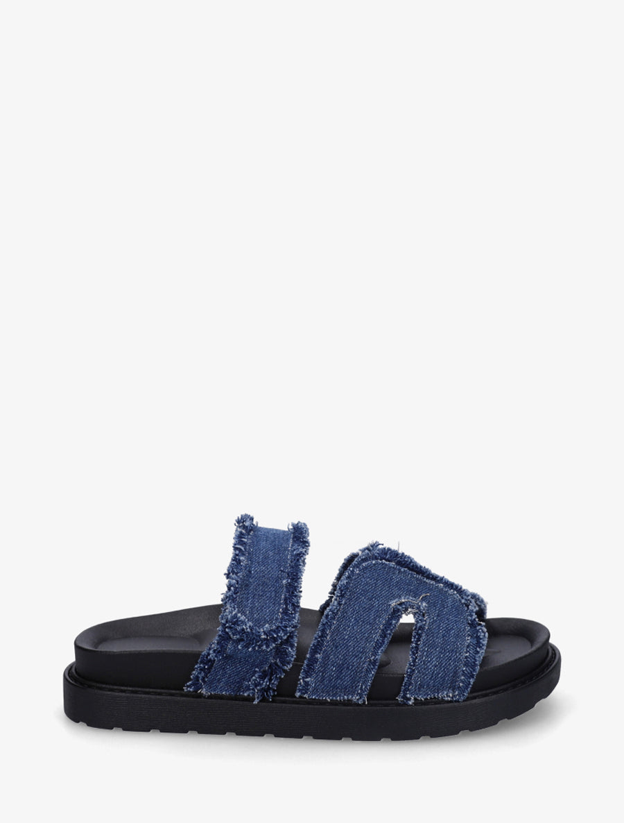 Claquettes à scratch et bords éffilochés - Bleu denim - 1