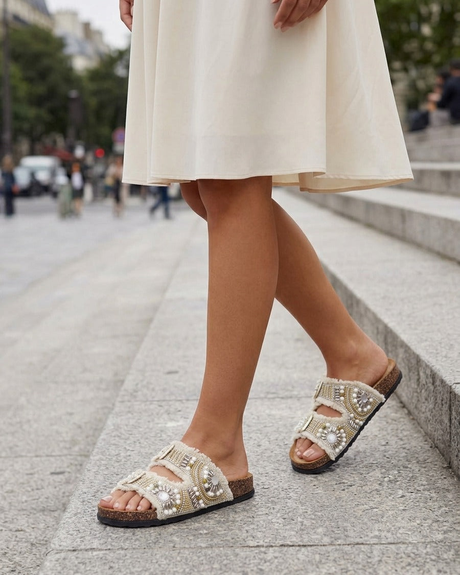 Claquettes à boucles et perles - Beige
