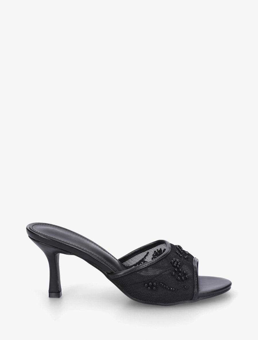 Mules en tissu brodées et perles - Noir - 1