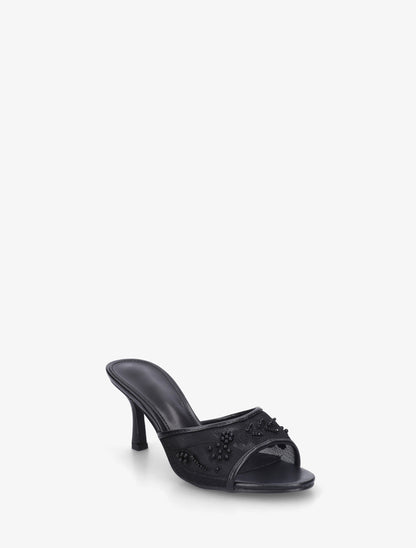 Mules en tissu brodées et perles - Noir - 2