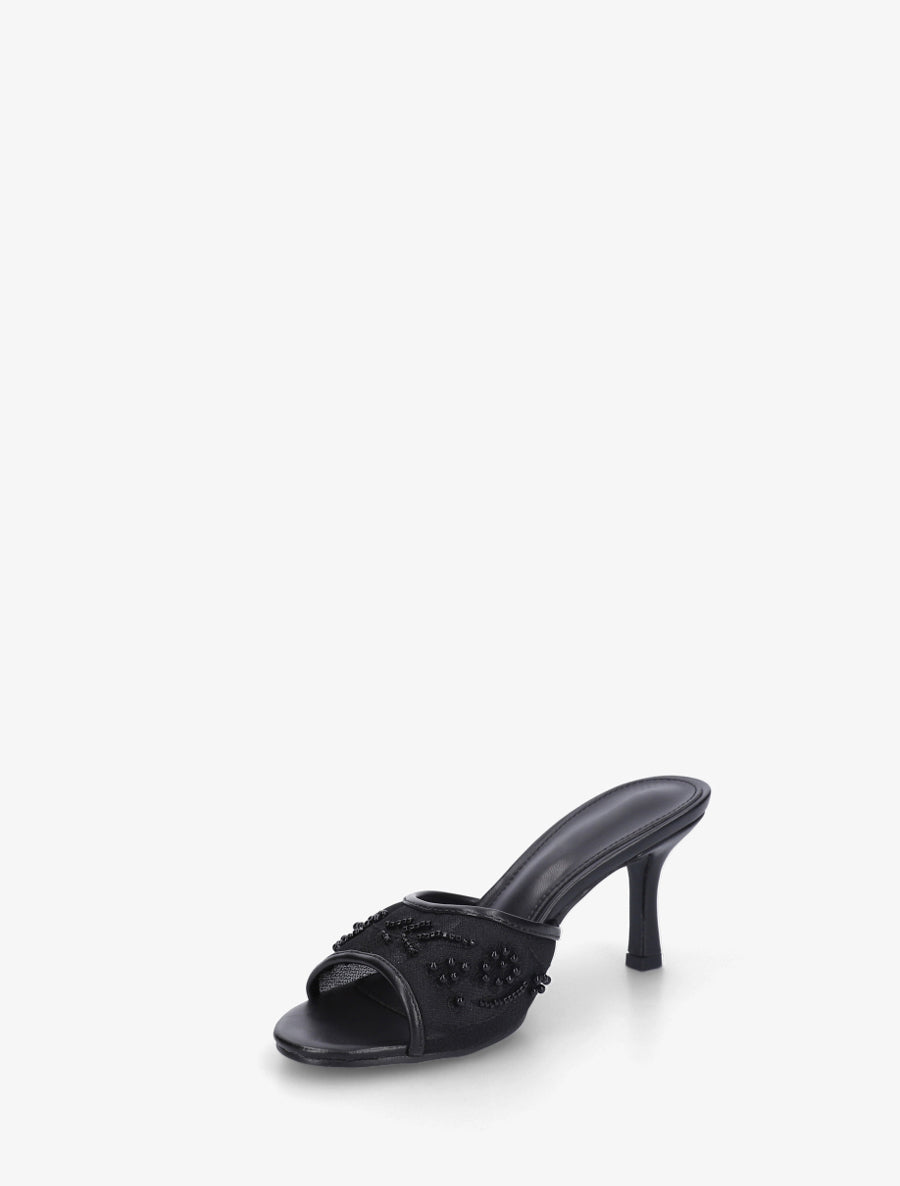 Mules en tissu brodées et perles - Noir - 3