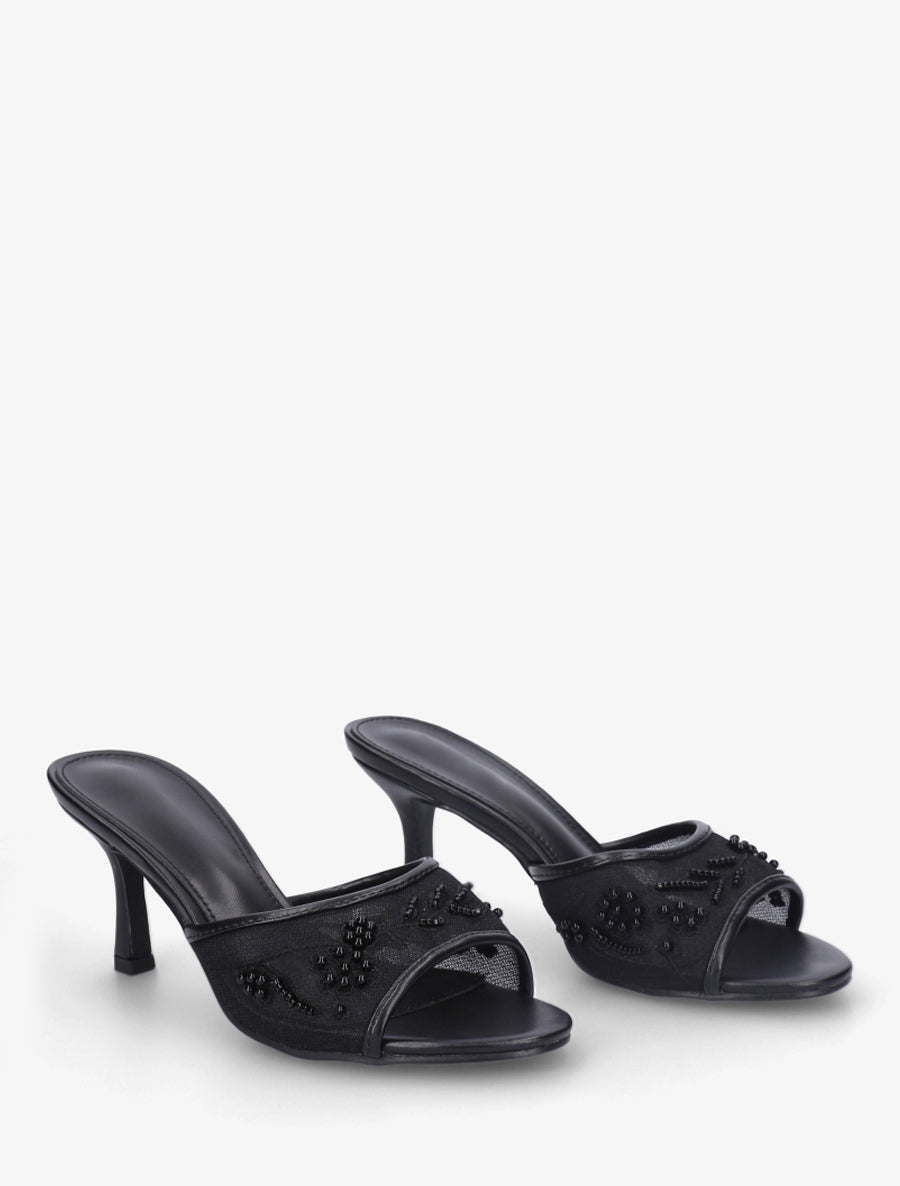 Mules en tissu brodées et perles - Noir - 4