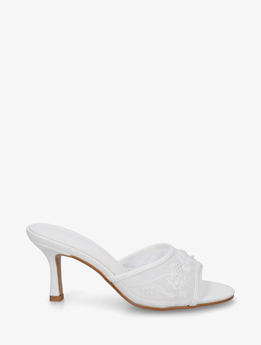 Mules en tissu brodées et perles - Blanc - 1