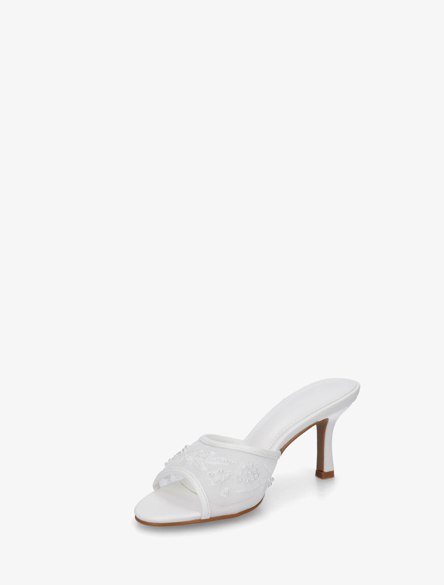 Mules en tissu brodées et perles - Blanc - 3